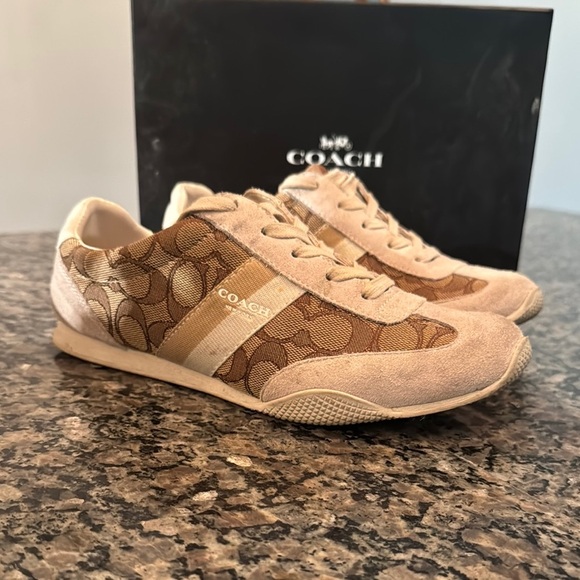 Coach Tan and Brown Monogram Suede Sneakers 8 - Picture 1 of 15